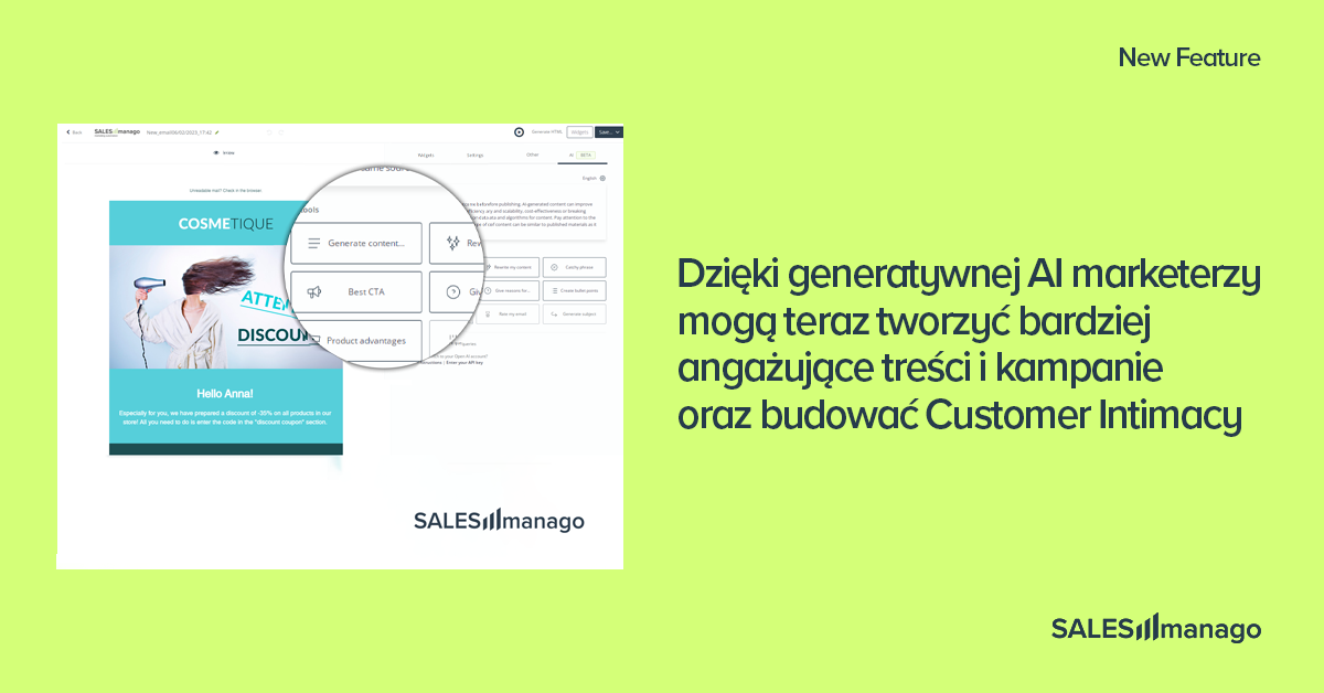 Dzięki opartemu na OpenAI generatorowi treści SALESmanago, marketerzy otrzymują precyzyjne, ukierunkowane treści